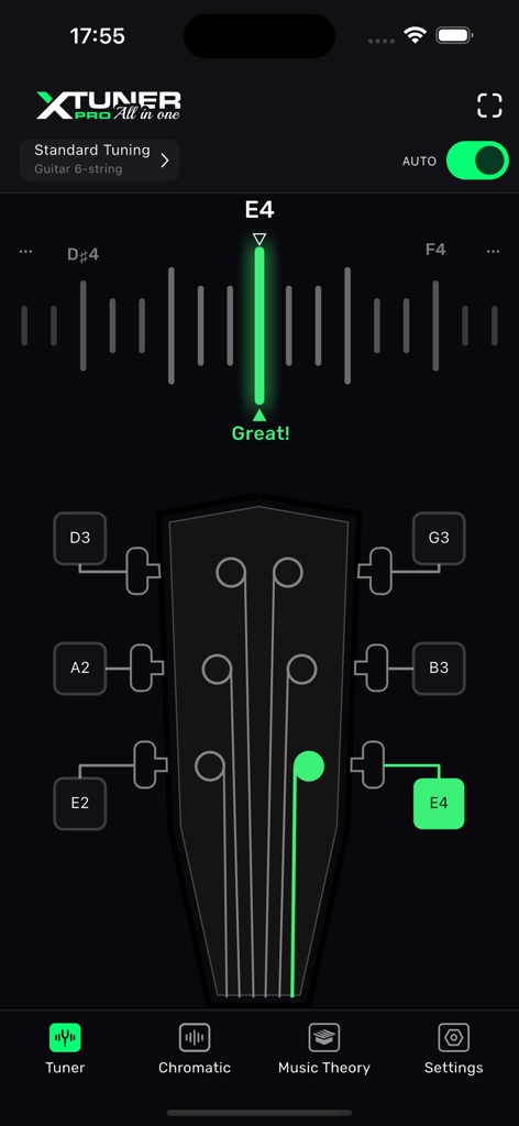XTuner PRO - Interface of XTuner PRO app showing 6 string guitar standard tuning with instrument headstock view