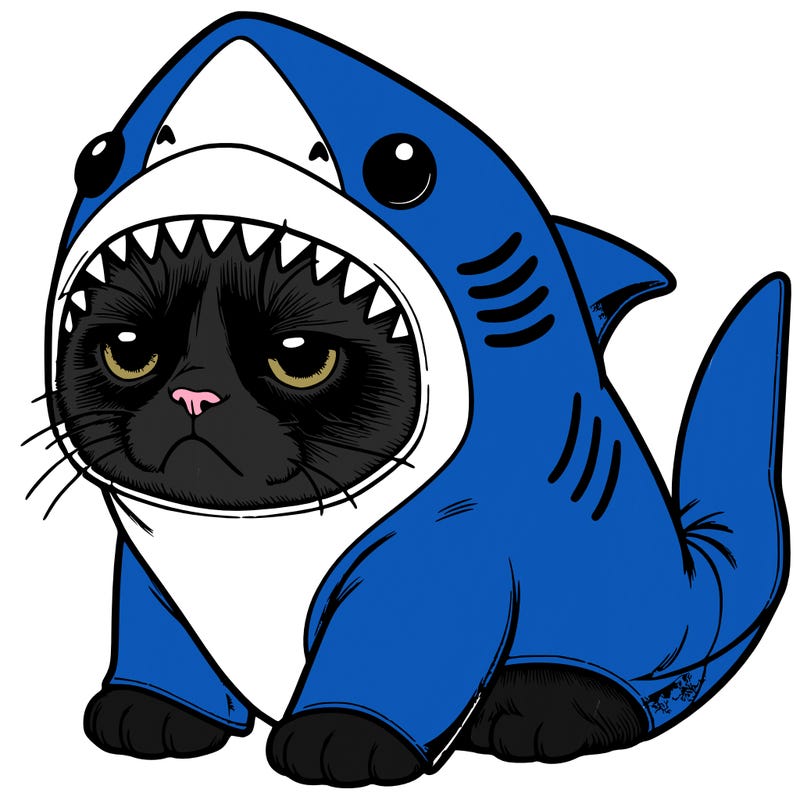 a realistic grumpy cat wearing a cute shark costume