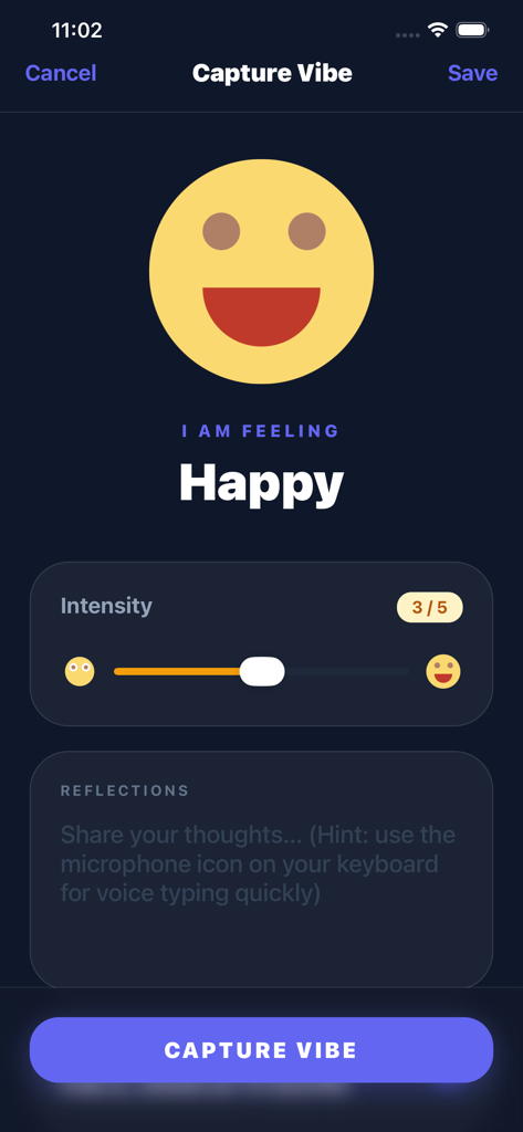 Mood Meter - Captura de pantalla de la aplicación Mood Meter que muestra la pantalla Capture Vibe con un gran emoji feliz y un control deslizante de intensidad.
