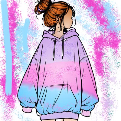 realistic girl with a oversized sweatshirt on and a bun
