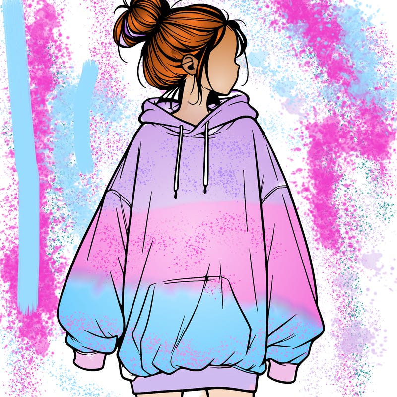 realistic girl with a oversized sweatshirt on and a bun