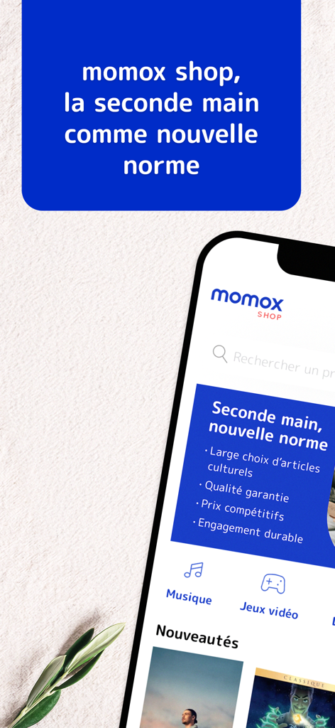 momox shop: achats en ligne - Interface de l'application momox shop présentant des livres, de la musique et des jeux vidéo d'occasion