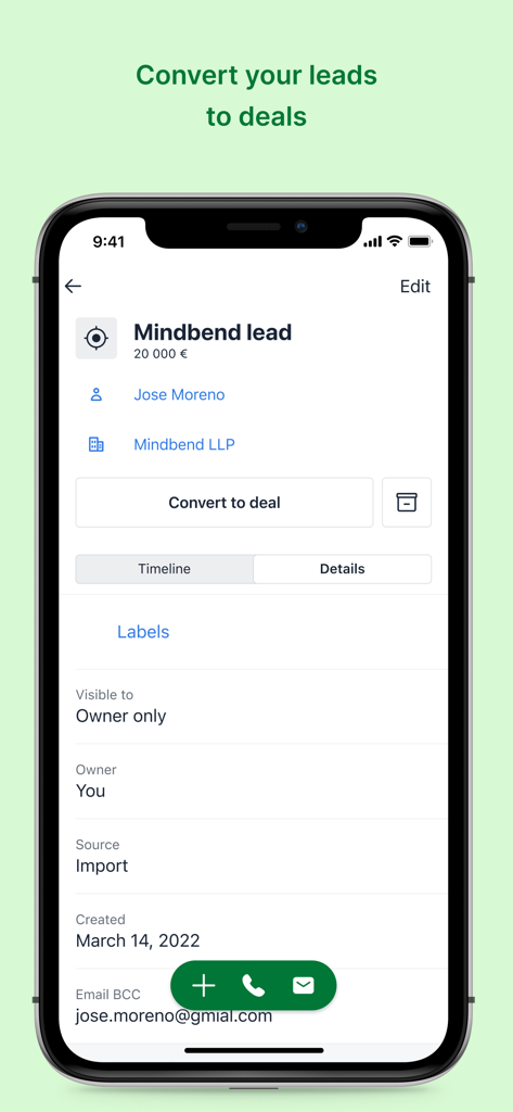 CRM sales tracker by Pipedrive - Interface of the Pipedrive CRM app showing a lead detail screen with an option to convert it into a deal