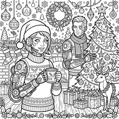 Celebrate the holidays in a truly unique way with this engaging coloring page, blending advanced medical cyborgs with classic Christmas traditions. Immerse yourself in a festive scene where technology and cheer beautifully intertwine.