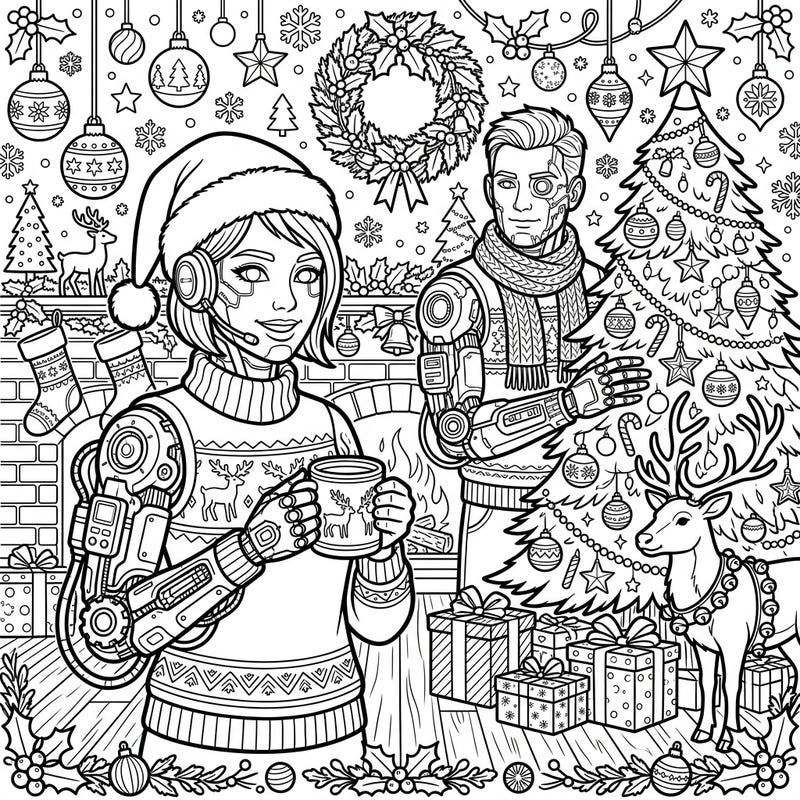 Celebrate the holidays in a truly unique way with this engaging coloring page, blending advanced medical cyborgs with classic Christmas traditions. Immerse yourself in a festive scene where technology and cheer beautifully intertwine.