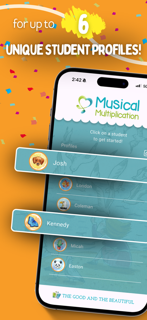 Musical Multiplication - Screenshot of Musical Multiplication app showing the profile selection screen with up to six unique student profiles