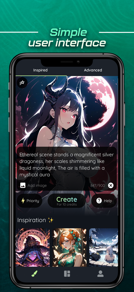 Simple user interface of Otaiku anime AI art generator showing a character creation screen
