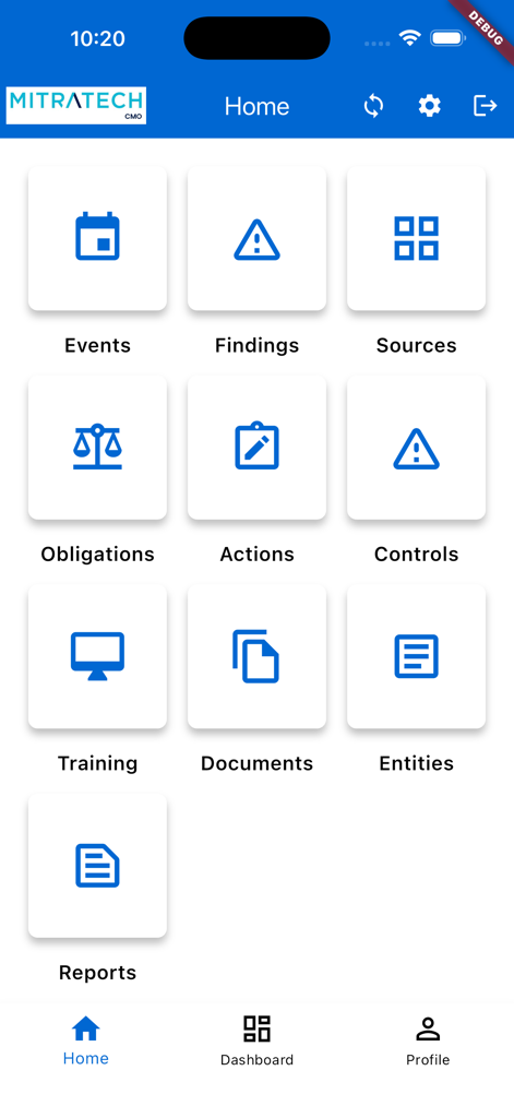 Mobile home screen of the CMO Compliance V19 app showing a grid of icons for managing events findings and reports