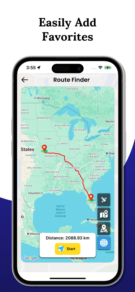 Live Earth Maps 3D GPS View - Interfaccia dell'app Live Earth Maps 3D GPS View che mostra una funzione di ricerca percorso con un tracciato dal Midwest alla Florida su una mappa degli Stati Uniti.