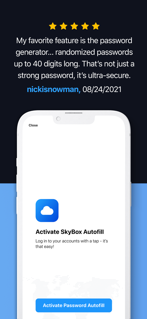 Password Manager App - SkyBox - Una reseña de usuario de 5 estrellas y una pantalla de configuración para activar la función de autocompletado de SkyBox en un smartphone.