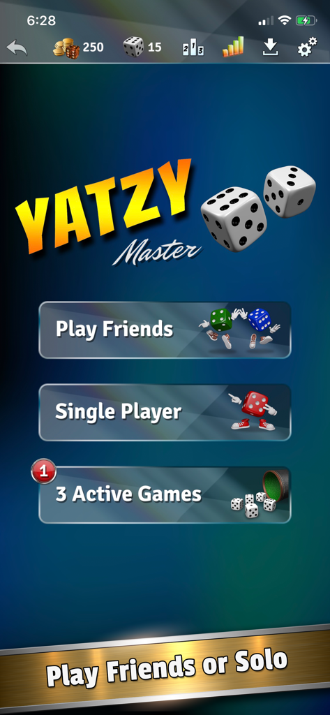 Yatzy Dice Master main menu screen showing game mode selections for single player and friends