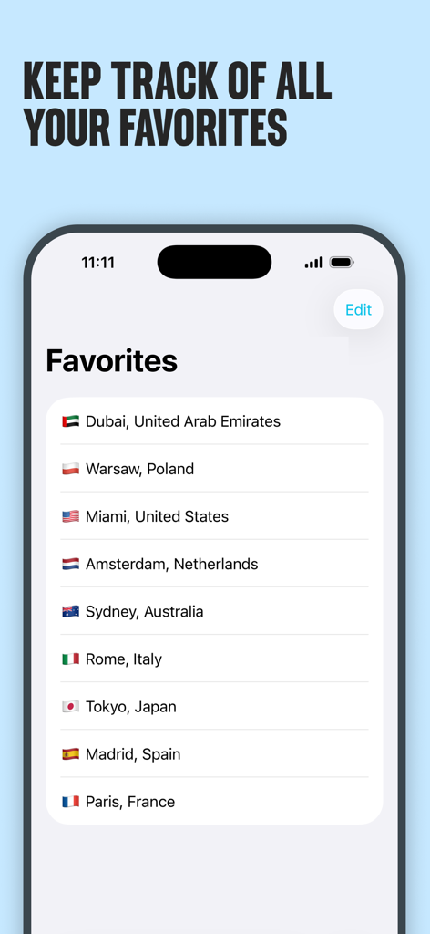 TripSeason app favorites screen showing a list of saved travel destinations