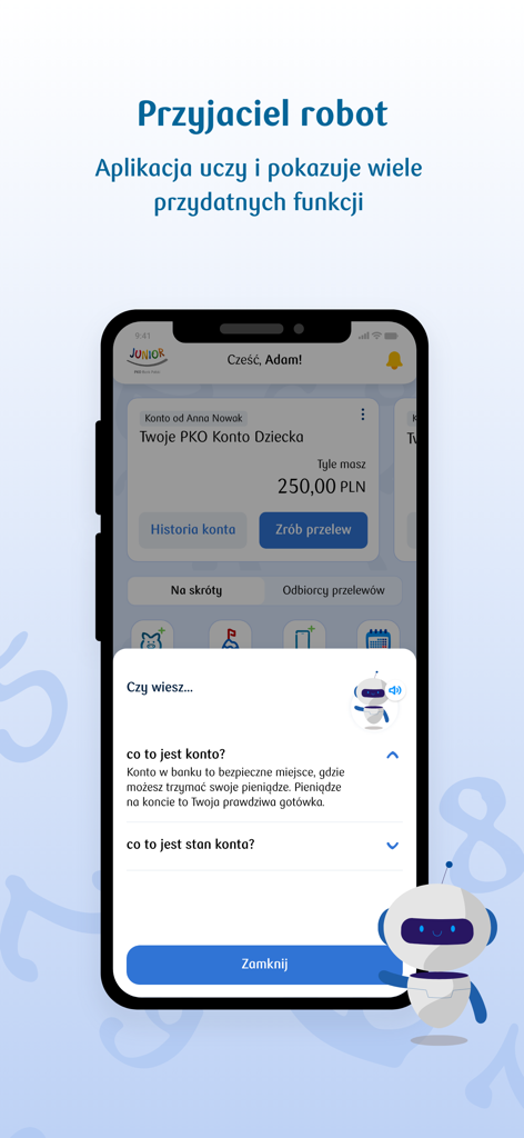 フレンドリーなロボットアシスタントと金融教育のヒントを備えた、子供向けのPKO Juniorアプリインターフェース。