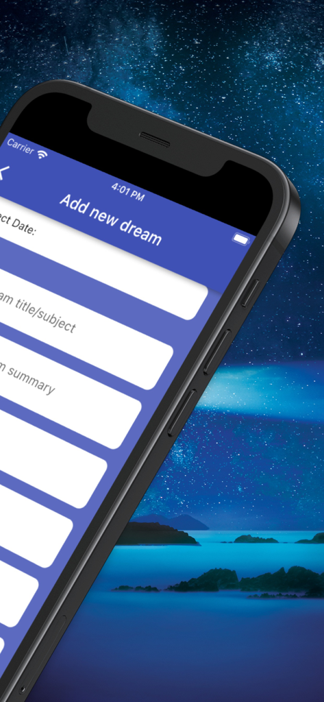 Dream Keys - Pantalla móvil de la aplicación Dream Keys que muestra el formulario Agregar Nuevo Sueño con campos para la fecha y el título contra un fondo de noche estrellada.