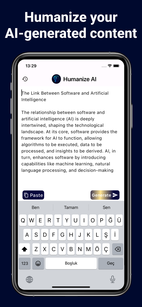 Mobile app interface of Humanize AI showing a text editor and keyboard for converting AI content to human-like writing