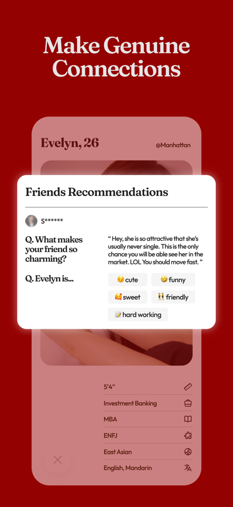 Krush dating app interface showing a profile with friend recommendations and personal details.