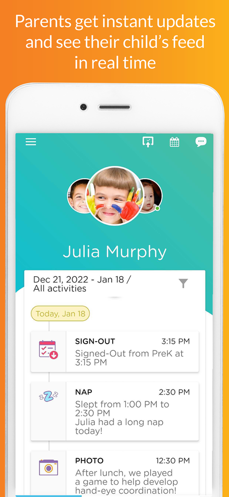 Procare app interface showing a child's daily activity feed with nap times and status updates for parents