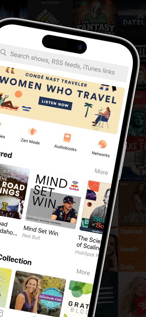 Castbox app interface on iPhone showing featured podcasts and zen mode icons.