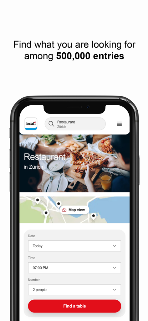 Smartphone screen displaying the local.ch app with a restaurant reservation interface for Zurich