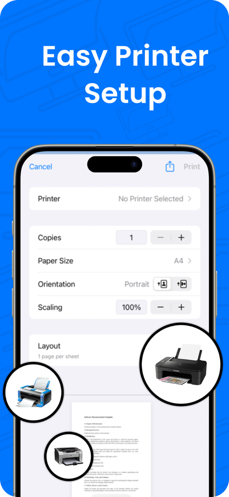 Smart Printer・Print & Scan - Interfaz de iPhone que muestra una configuración de impresora sencilla con ajustes de impresión personalizables como tamaño de papel y orientación