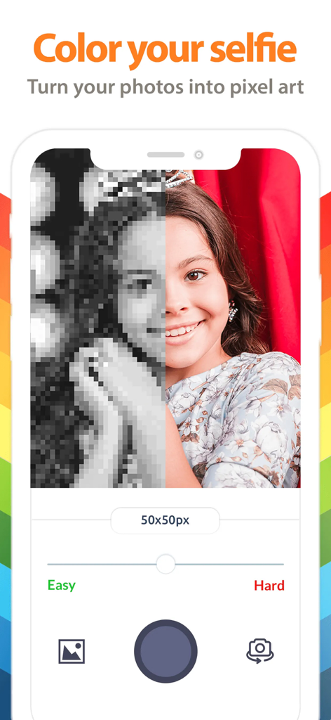 Unicorn Color by Number + - Unicorn Color by Number app feature showing a photo of a girl being converted into a pixel art pattern