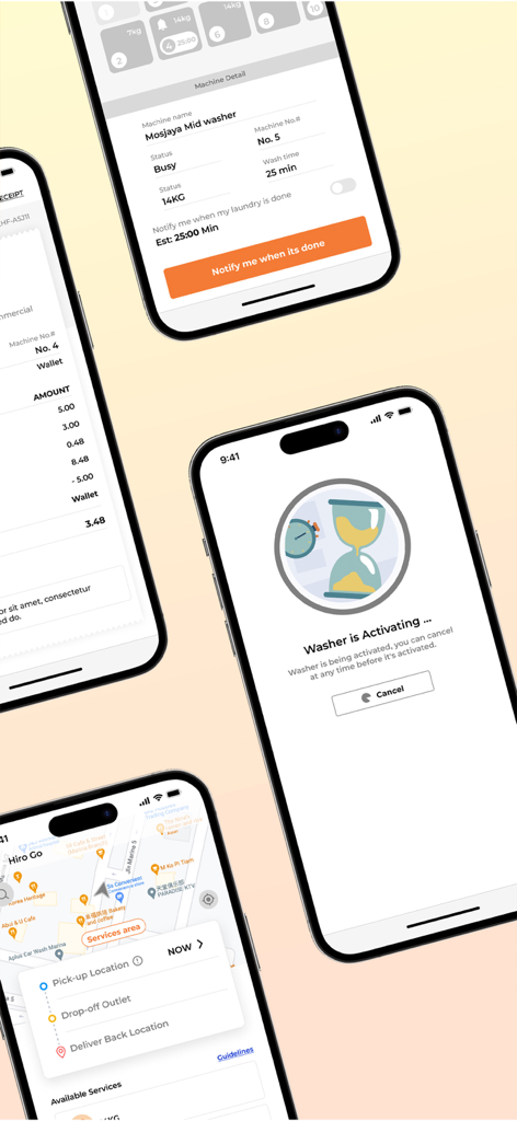 Dime Pay - Multiple iPhone screens displaying Dime Pay app features including washer status, cashless payments, digital receipts, and laundry pickup locations.