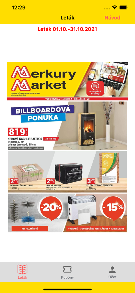 Merkury Market SK - Folleto digital en la aplicación Merkury Market SK que muestra productos de calefacción para el hogar y precios de descuento.
