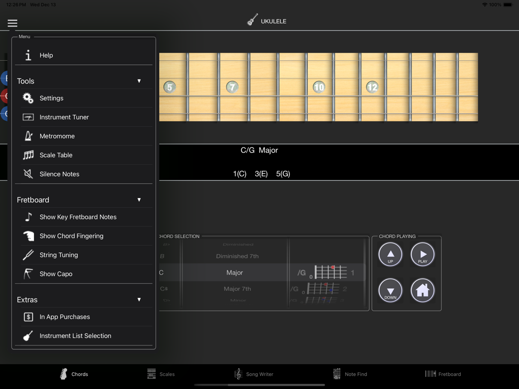 StringMaster Uke - Interface of the StringMaster Uke app for iPad featuring a sidebar menu and a chord selection tool with a virtual fretboard