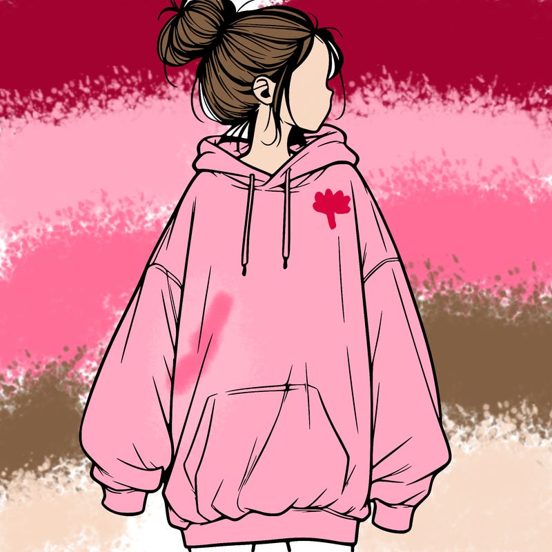 realistic girl with a oversized sweatshirt on and a bun