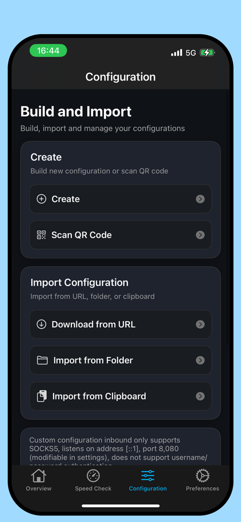 VPN - Buck Super - Interface of the VPN Buck Super app showing configuration build and import settings