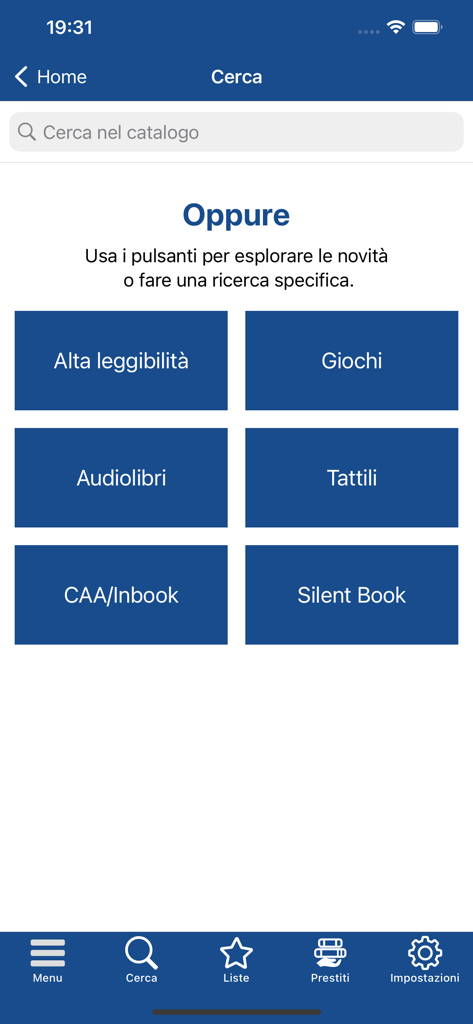 Search interface of the bi.G.met library app displaying category buttons for audiobooks, games, and accessible reading materials