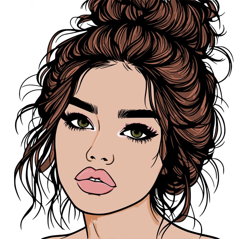 realistic girl with lips and hair in a messy bun