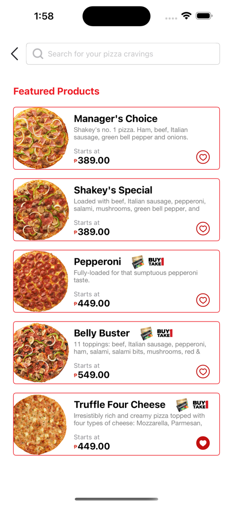 Shakeys Super App featured pizza menu display with various pizza flavors and pricing