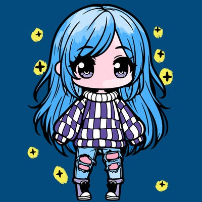 chibi girl with ripped jeans,long hair, and an oversized sweater