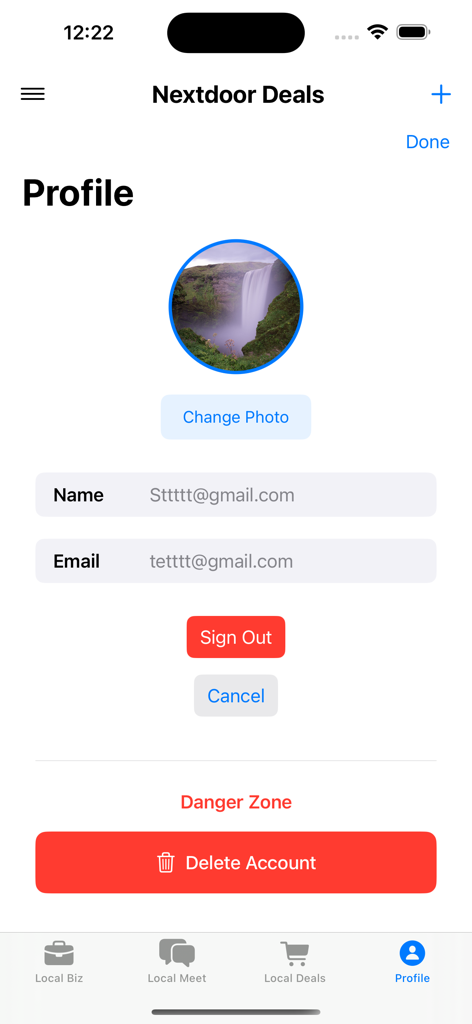 La schermata del profilo utente e delle impostazioni dell'account dell'app per vicini Nextdoor Deals