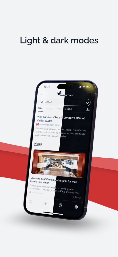 Interface de l'application Swisscows Recherche Privée montrant une vue divisée des modes clair et sombre sur un écran d'iPhone.