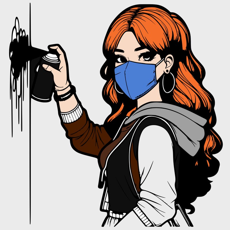 realistic girl with mask spray painting a wall