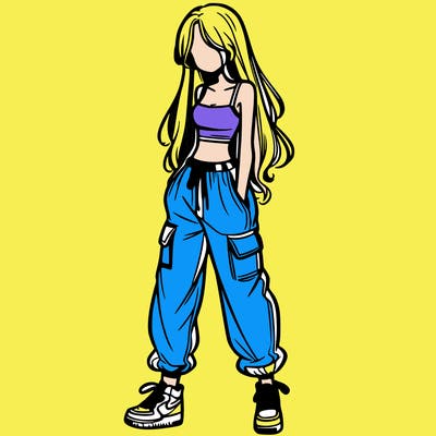 girl in baggy pants crop top and long hair