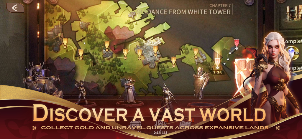 Legends Reborn: Last Battle - Una guerrera de cabello blanco junto a un mapa interactivo del mundo de fantasía en Legends Reborn