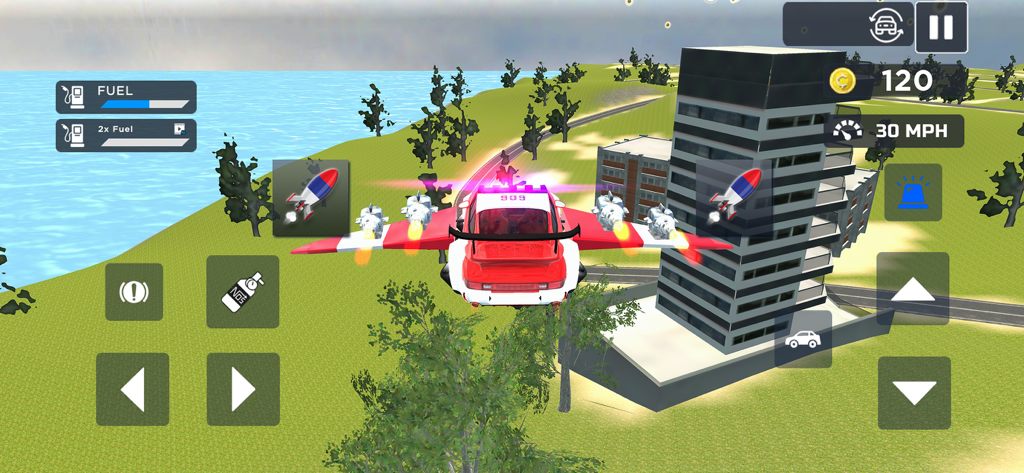 Flying Car Game: Police Games - A red and white police car with wings flying past a city building in an open world game environment
