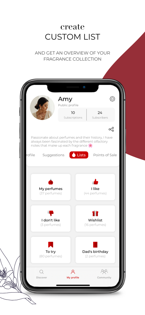 Interface da aplicação PERFUMIST mostrando um perfil de utilizador com listas personalizadas para organizar uma coleção de perfumes