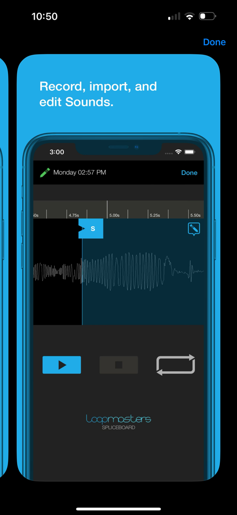 AudioCopy - Benutzeroberfläche der AudioCopy-App, die Wellenform-Bearbeitungs- und Audioaufnahme-Tools anzeigt