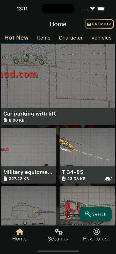 HD Melmods Sandbox Mod - Screenshot of the HD Melmods Sandbox Mod app interface displaying a gallery of available game mods like military equipment and vehicles