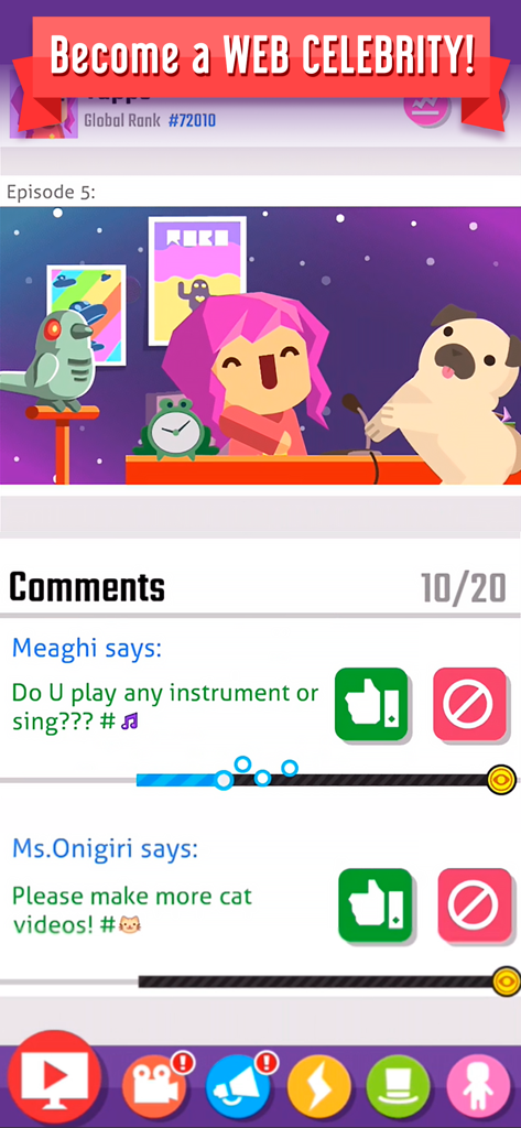 Gameplay di Vlogger Go Viral che mostra un personaggio in uno studio con un carlino domestico e una sezione commenti dei fan.