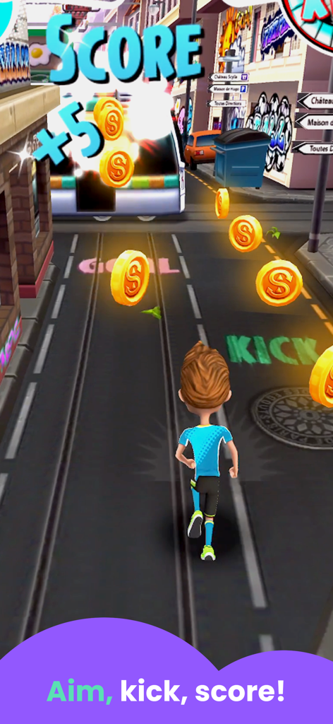 Soccer Games for Kids! - Un personaje corriendo por una calle de la ciudad recogiendo monedas de oro en un juego de fútbol callejero para niños