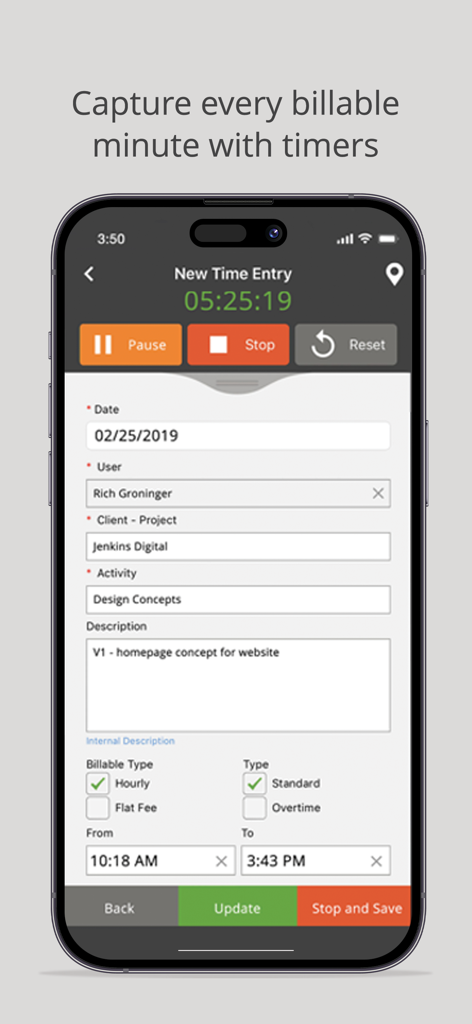 Time Tracker by eBillity - New time entry screen in the Time Tracker by eBillity app showing a running timer and project billing details