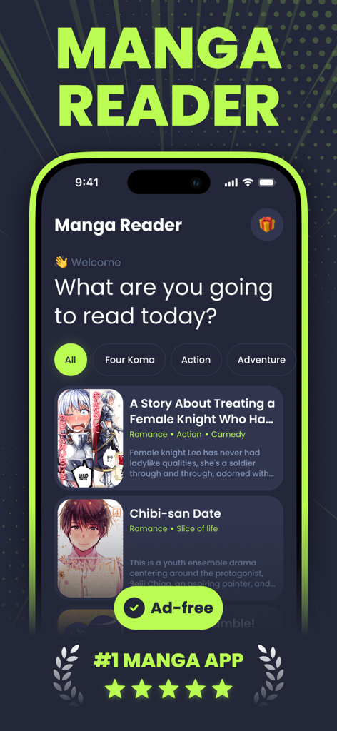 Manga Reader - Comics App - Manga Reader app interface showing a list of manga titles and ad-free feature