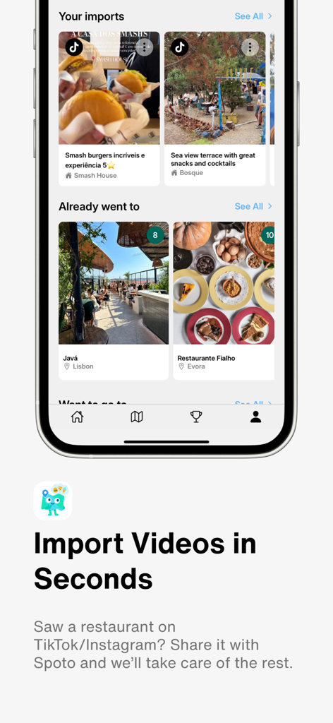 Where to Eat: Spoto - Interfaz de la aplicación Spoto que muestra cómo importar videos de restaurantes de TikTok e Instagram para crear listas de comidas.