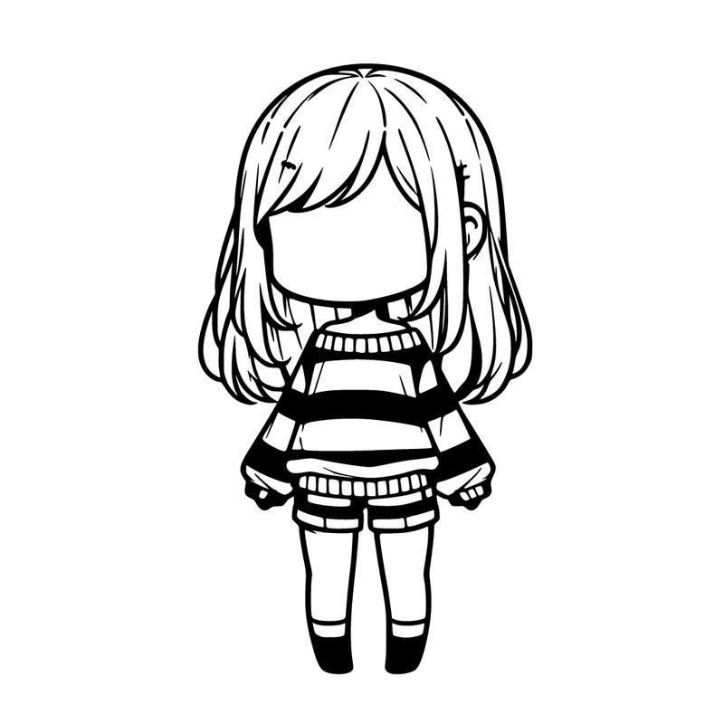 chibi girl with no face long hair striped long sleeved shirt and shorts