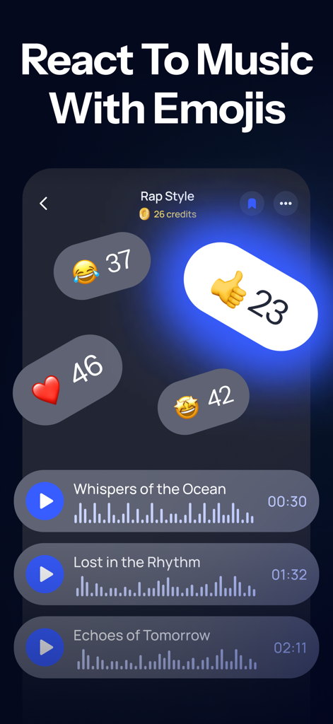 AI Song Maker·Music Generator - A mobile app interface titled React To Music With Emojis showing floating emoji icons with reaction counts over a list of AI generated songs.